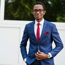 African american happy successful man at suit and glasses. Black business man.